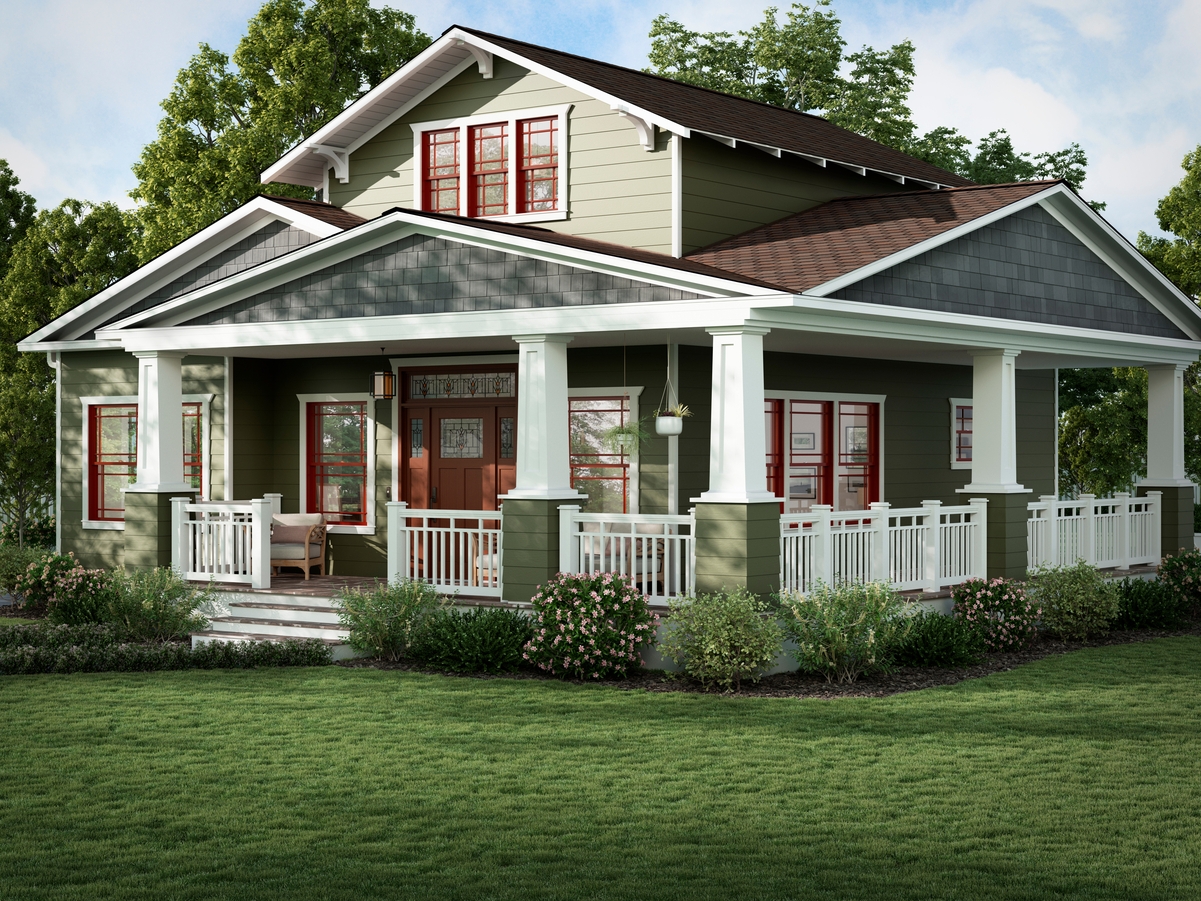 A craftsman style house with green siding and red windows A craftsman style house with green siding and red windows