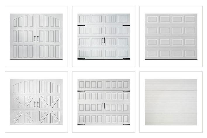 Collection of six different garage door designs, all in white Collection of six different garage door designs, all in white